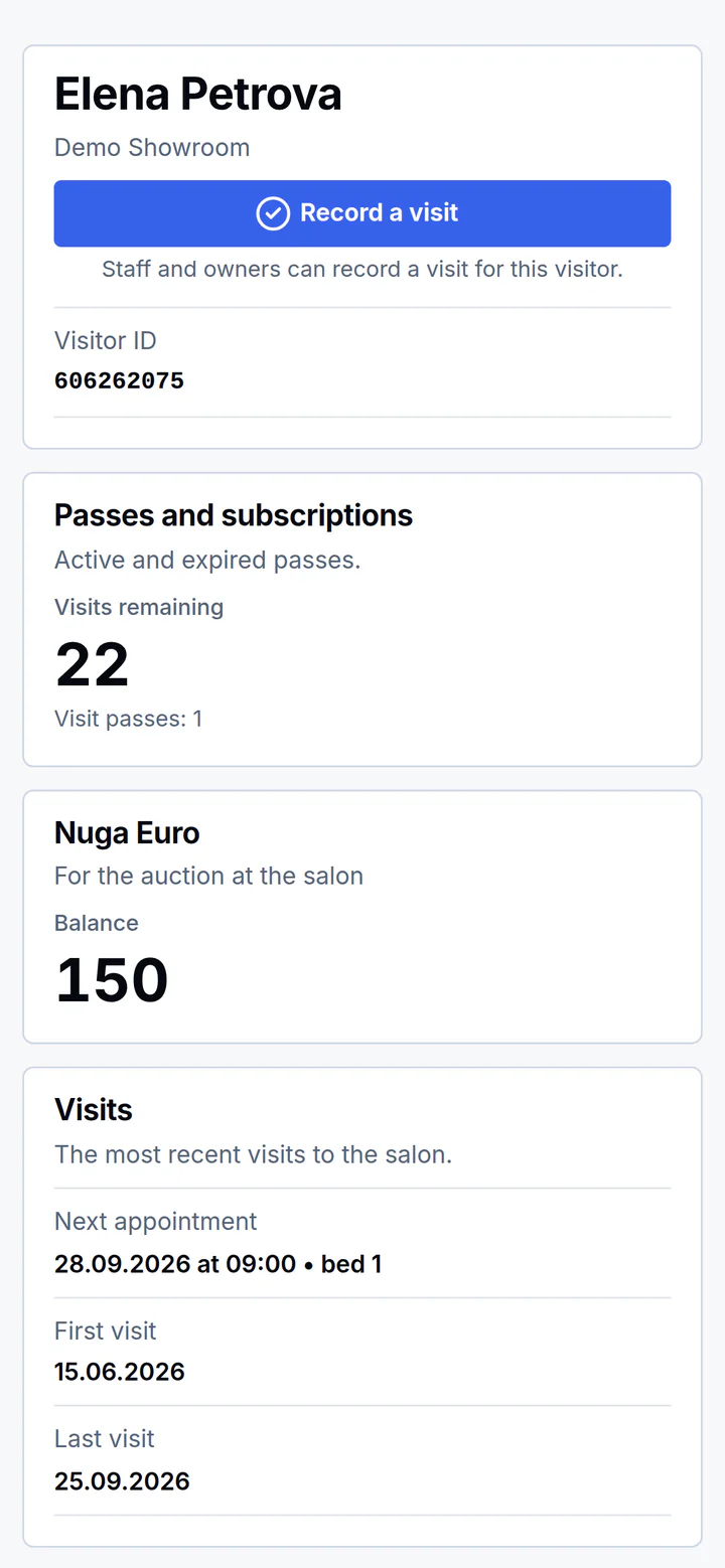 The page a visitor’s QR card opens: passes, Nuga Euro and the next appointment