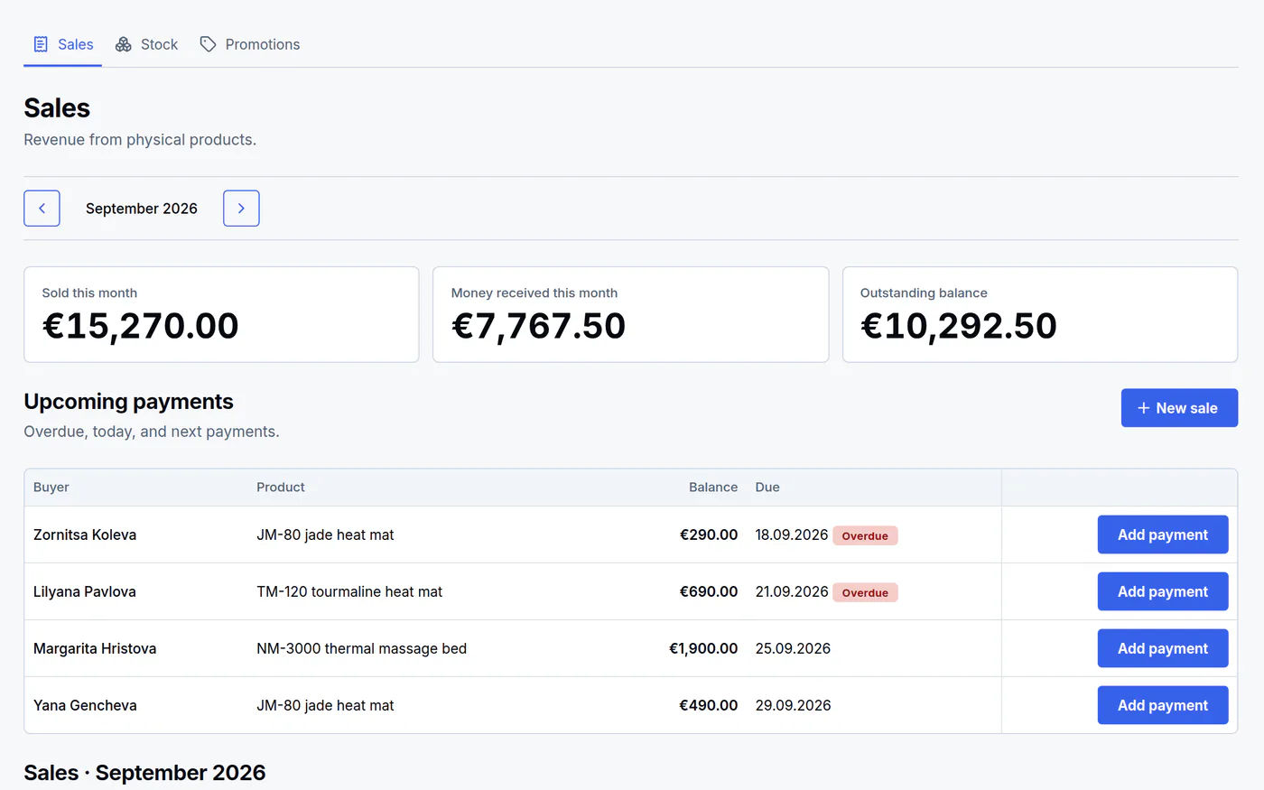The sales page with monthly totals and payments due